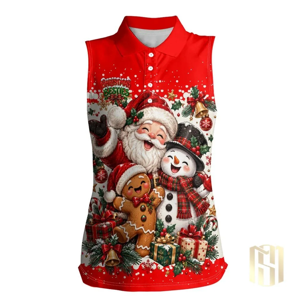 Christmas Besties Santa Snowman Gingerbread Festive Holiday Sleeveless Polo Shirt
