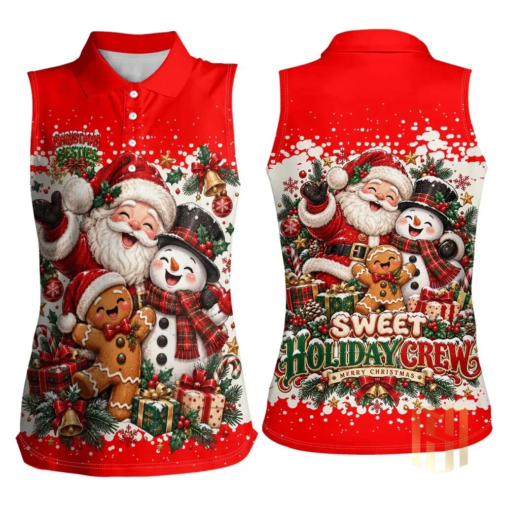 Christmas Besties Santa Snowman Gingerbread Festive Holiday Sleeveless Polo Shirt 9 Christmas Besties Santa Snowman Gingerbread Festive Holiday Sleeveless Polo Shirt