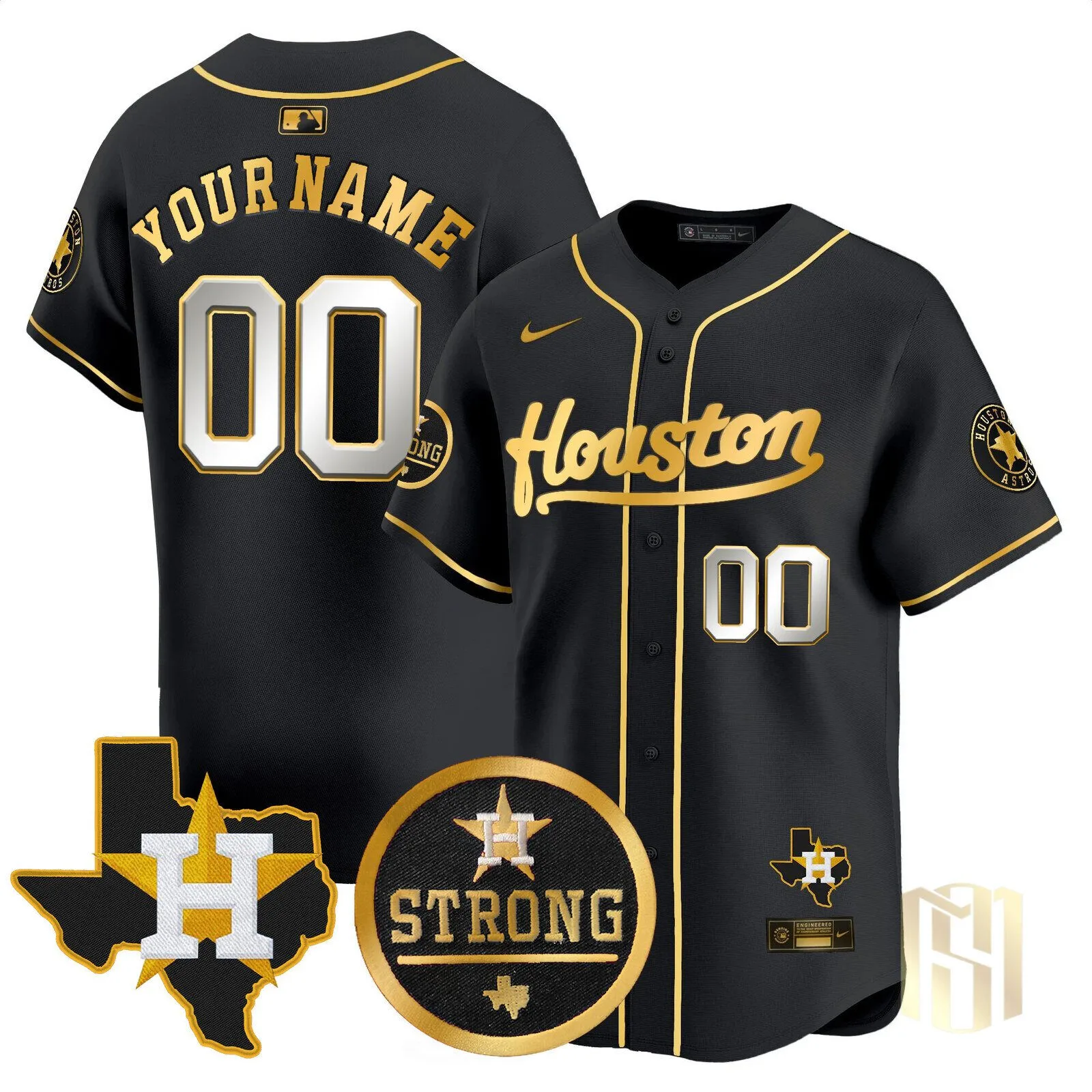 Houston Astros Black Gold Custom Baseball Jersey with "Houston Strong" Patch