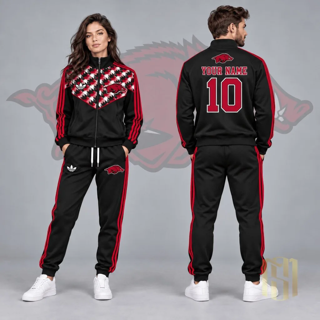 Arkansas Razorbacks Personalized Black Full-Zip Track Jacket and Jogger Pants Set Arkansas Razorbacks Personalized Black Full-Zip Track Jacket and Jogger Pants Set