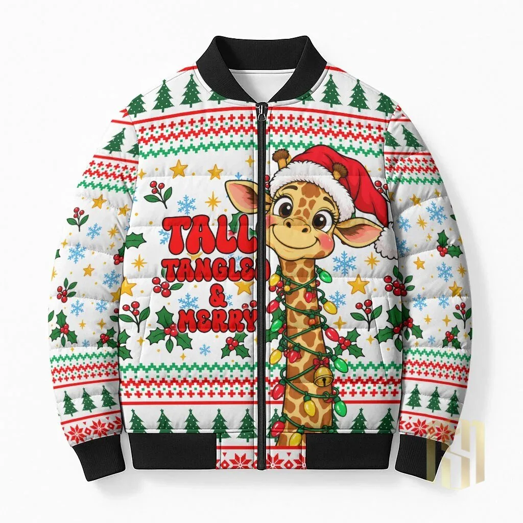 Christmas Giraffe Tall and Tangled Merry Ugly Sweater Pattern Bomber Jacket