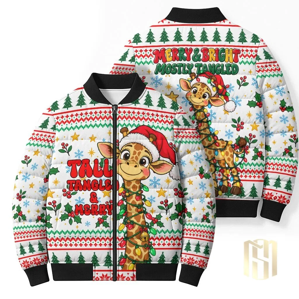 Christmas Giraffe Tall and Tangled Merry Ugly Sweater Pattern Bomber Jacket 7 Christmas Giraffe Tall and Tangled Merry Ugly Sweater Pattern Bomber Jacket