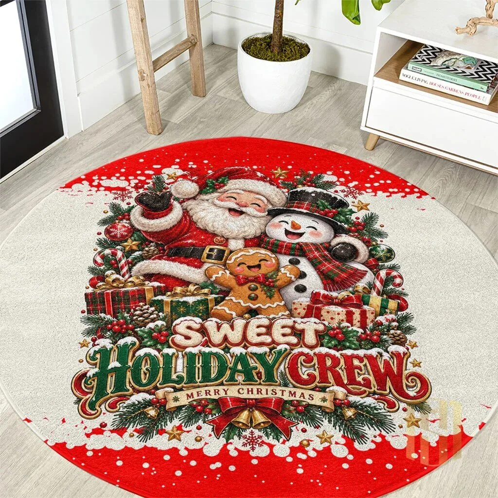 Sweet Holiday Crew Merry Christmas Santa Claus Snowman Gingerbread Round Rug