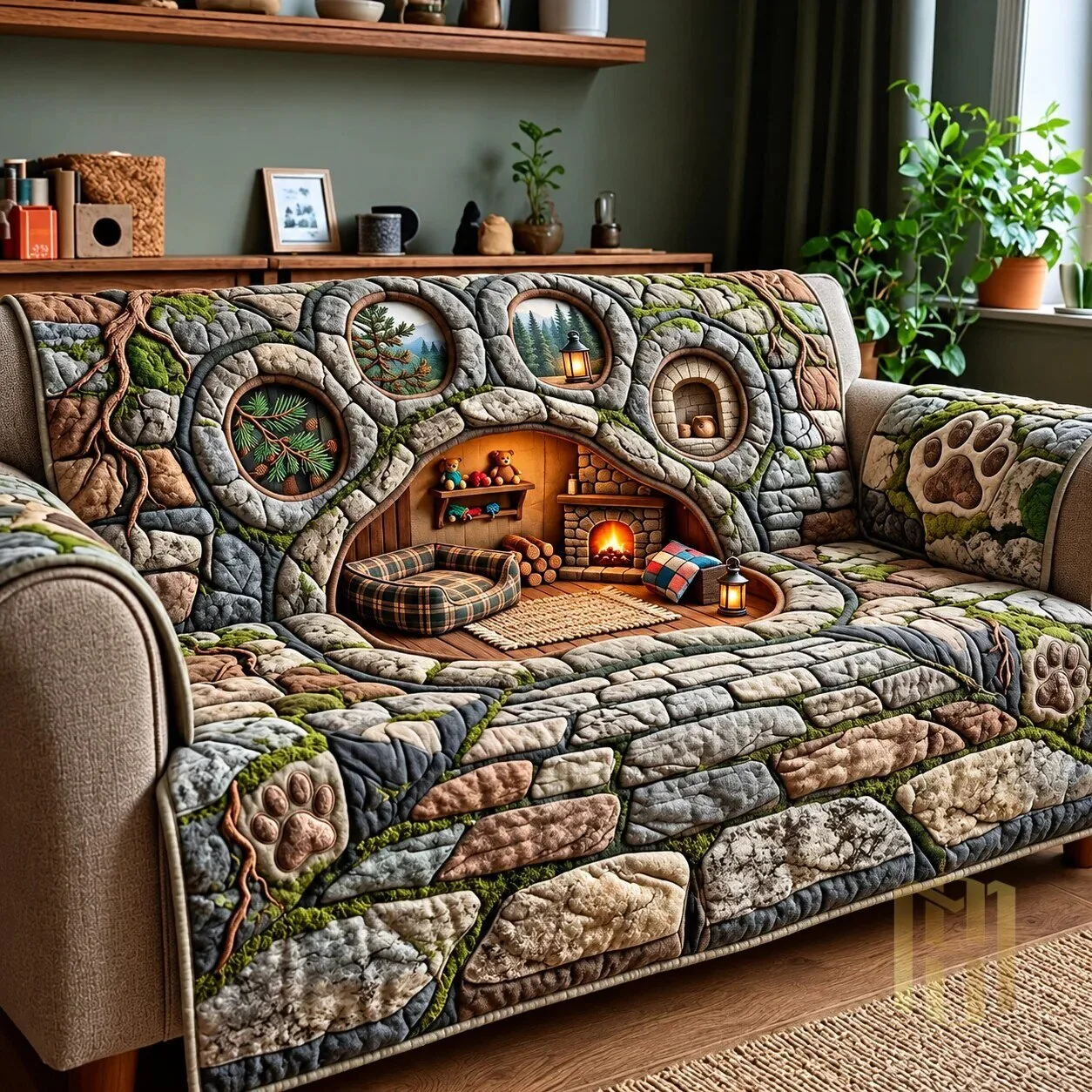 Woodland Paw Print Quilted Sofa Cover with Cozy Den Design