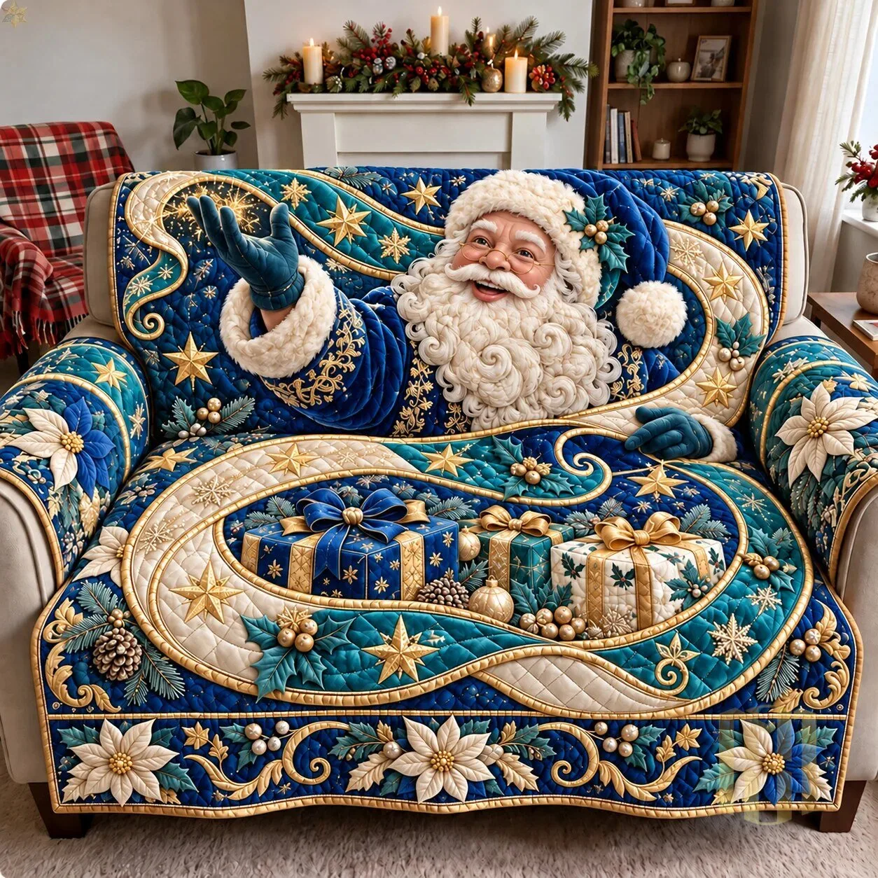 Blue Christmas Magic Santa Claus Quilted Sofa Cover for Holiday Home Decor