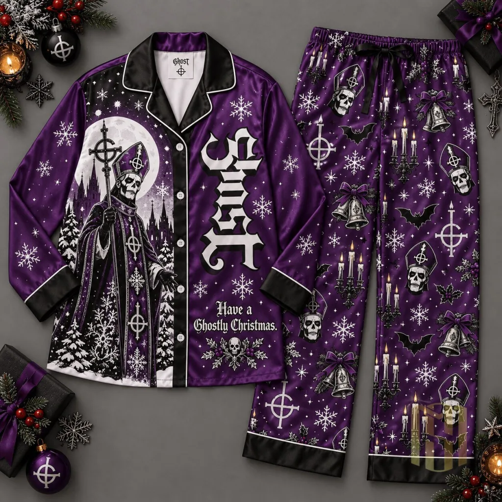 Ghost Papa Emeritus IV Purple Snowflakes Occult Symbols Christmas Pajamas Set Ghost Papa Emeritus IV Purple Snowflakes Occult Symbols Christmas Pajamas Set