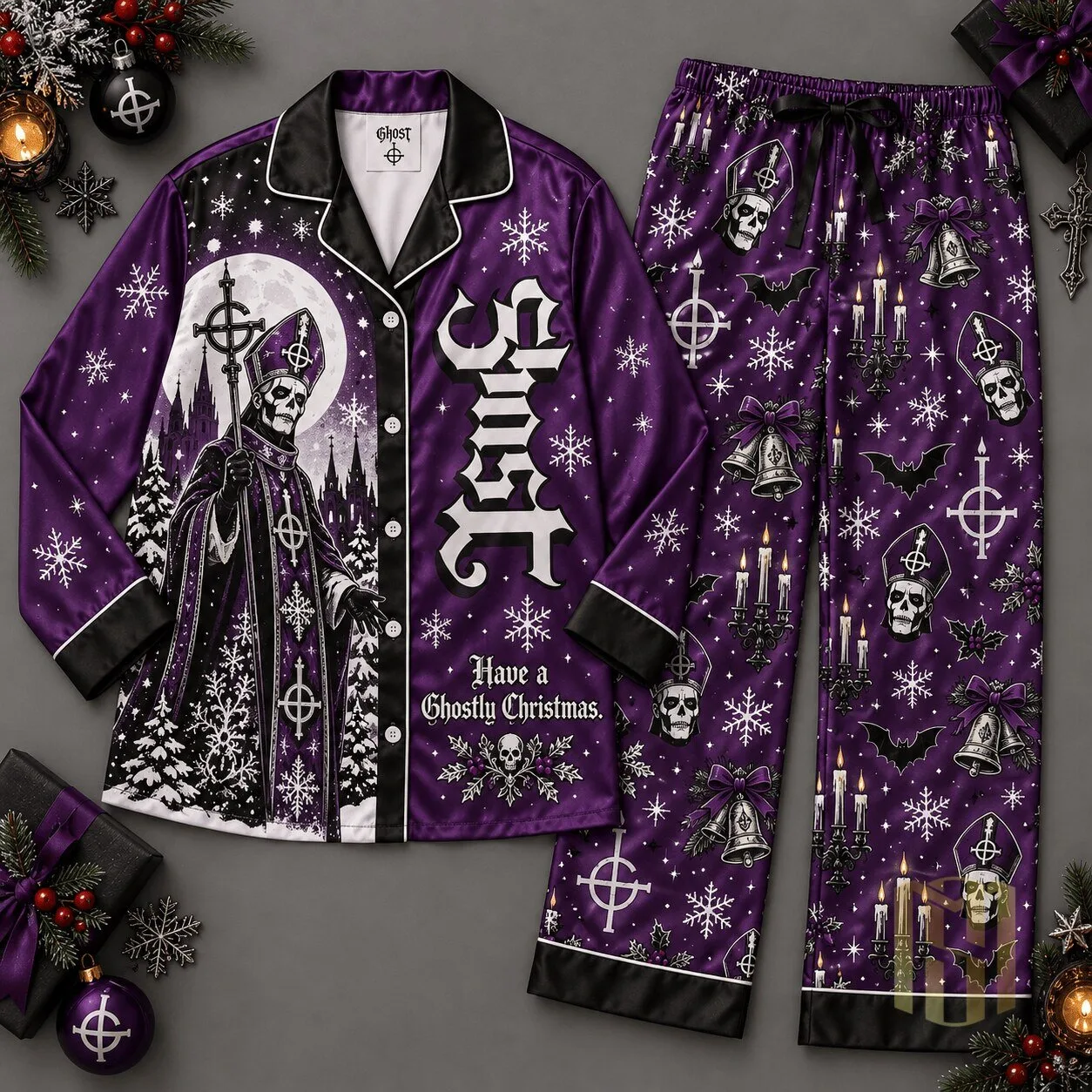 Ghost Papa Emeritus IV Purple Snowflakes Occult Symbols Christmas Pajamas Set