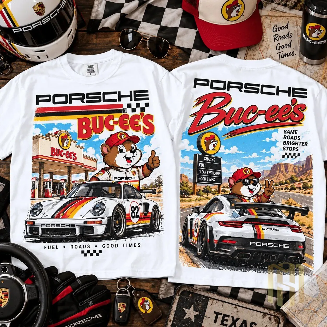 Buc-ee's Porsche Road Trip T-Shirt for Sports Car Enthusiasts 2 buc ee s porsche road trip t shirt for sports car enthusiasts featured