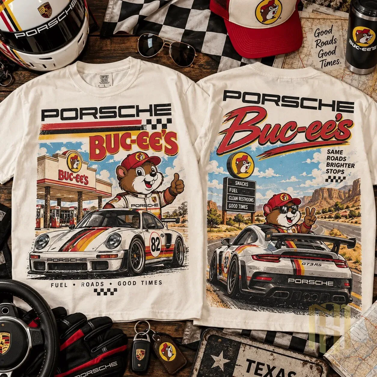 Buc-ee's Porsche Road Trip T-Shirt for Sports Car Enthusiasts 3 buc ee s porsche road trip t shirt for sports car enthusiasts gallery 1
