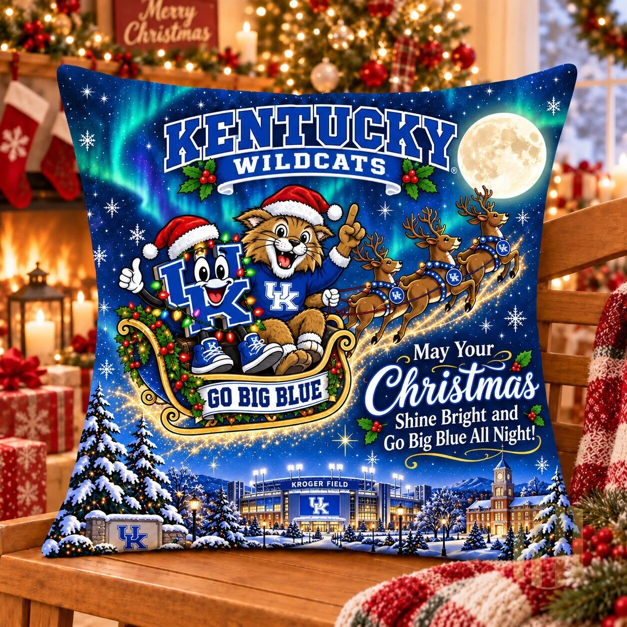 Kentucky Wildcats Christmas Night Flight Holiday Decorative Pillow