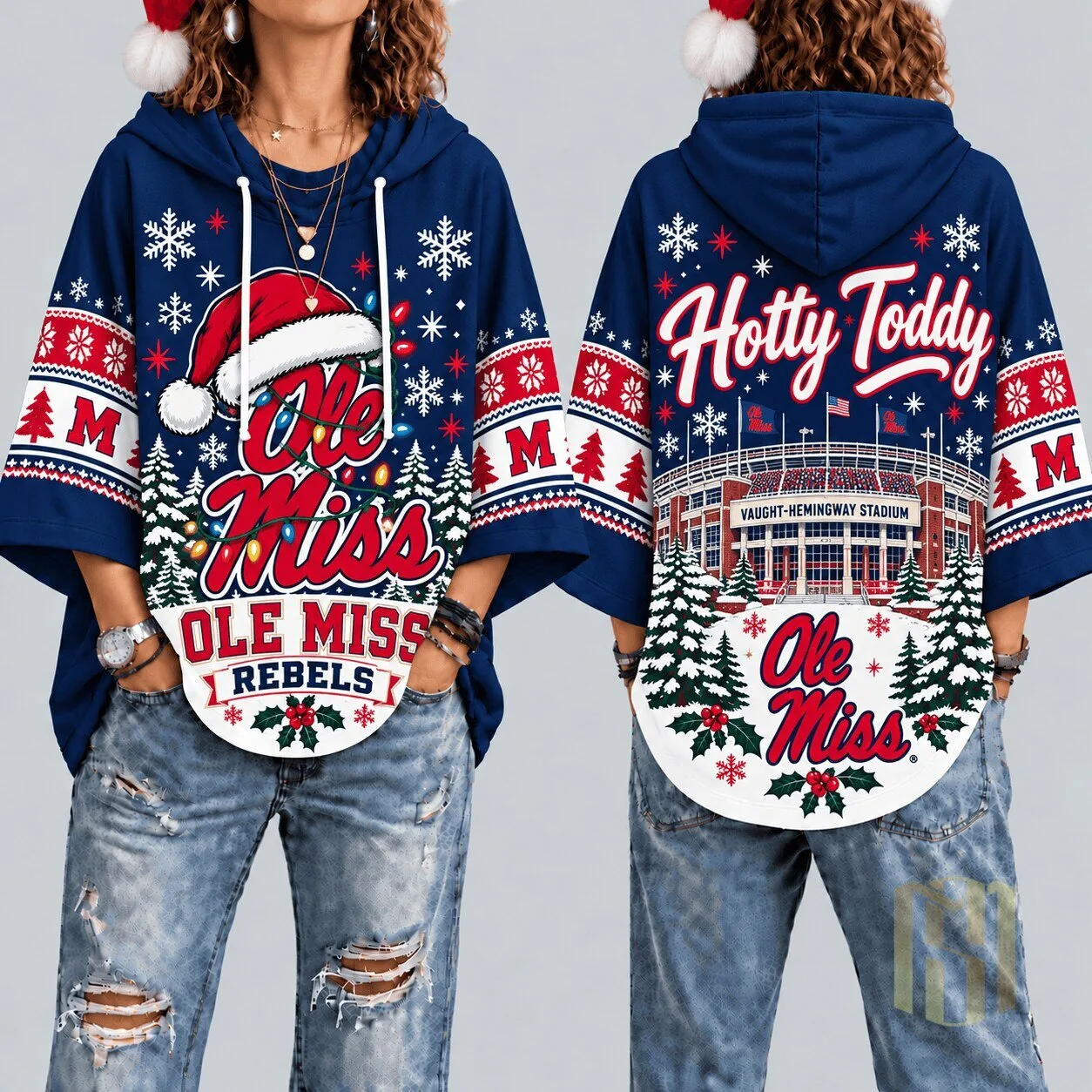Ole Miss Rebels Christmas Snowflakes Santa Hat Vaught-Hemingway Stadium Hoodie
