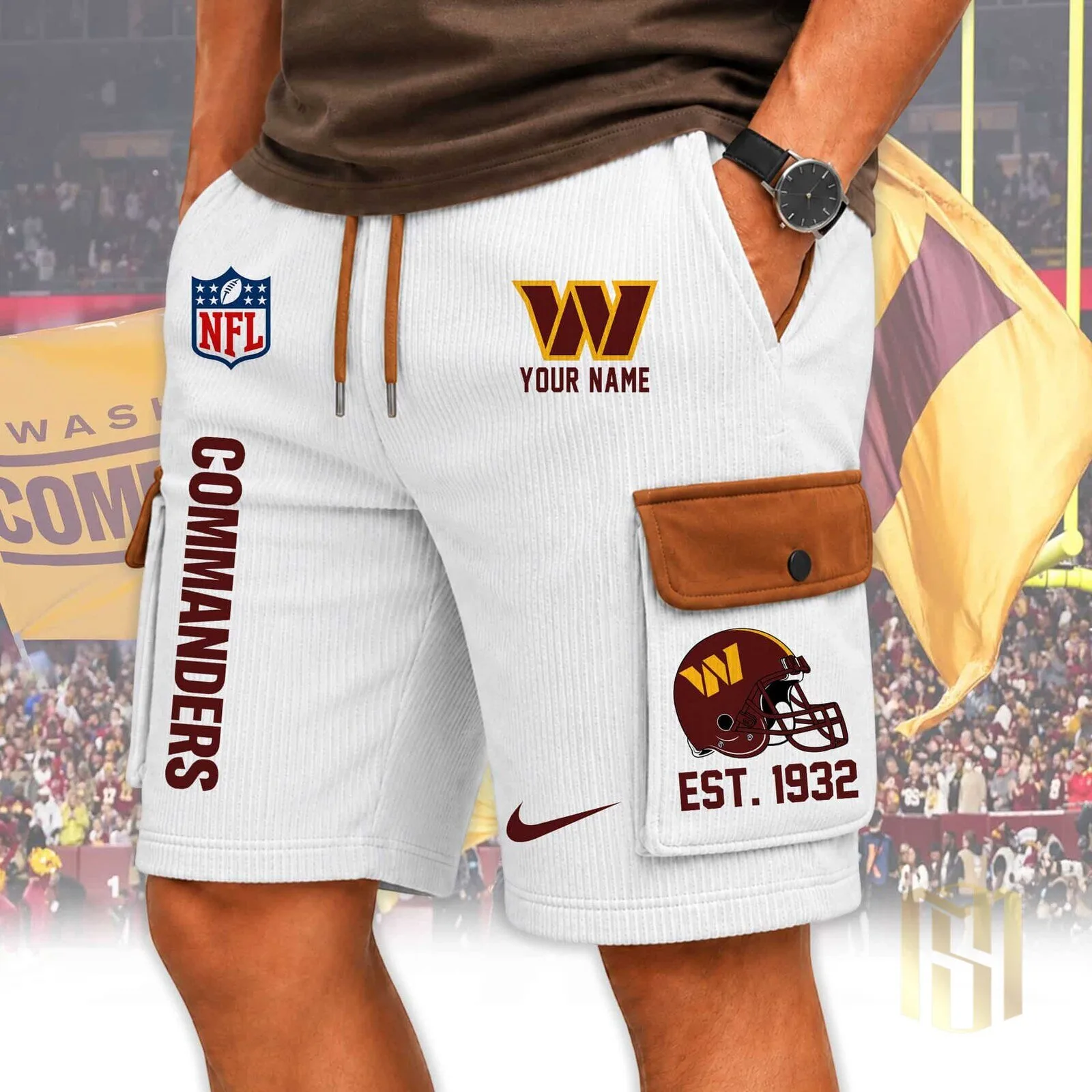 Washington Commanders Custom Name Football Team Logo White Cargo Shorts