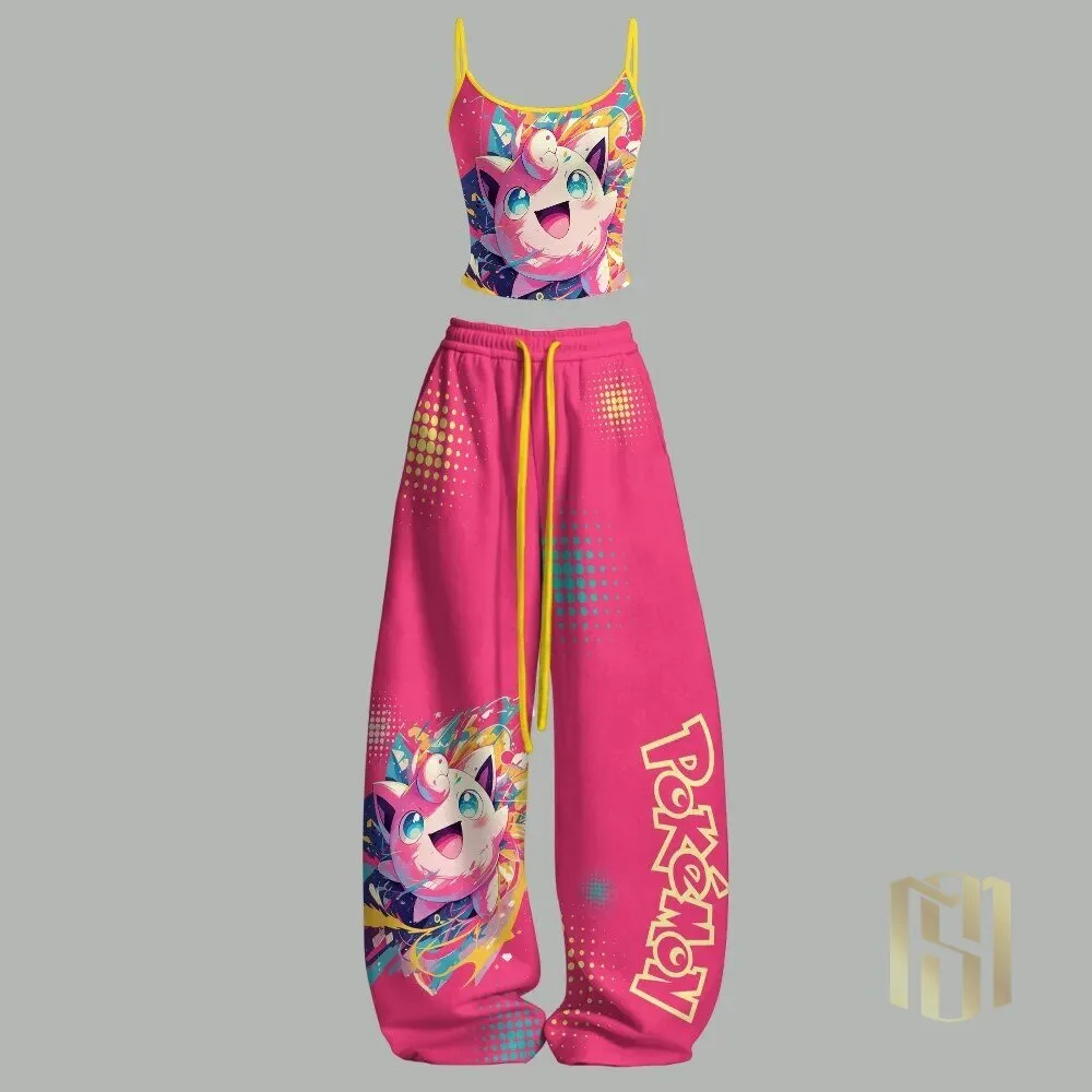 Jigglypuff Pokemon Anime Character Pink Crop Top and Sweatpants Set