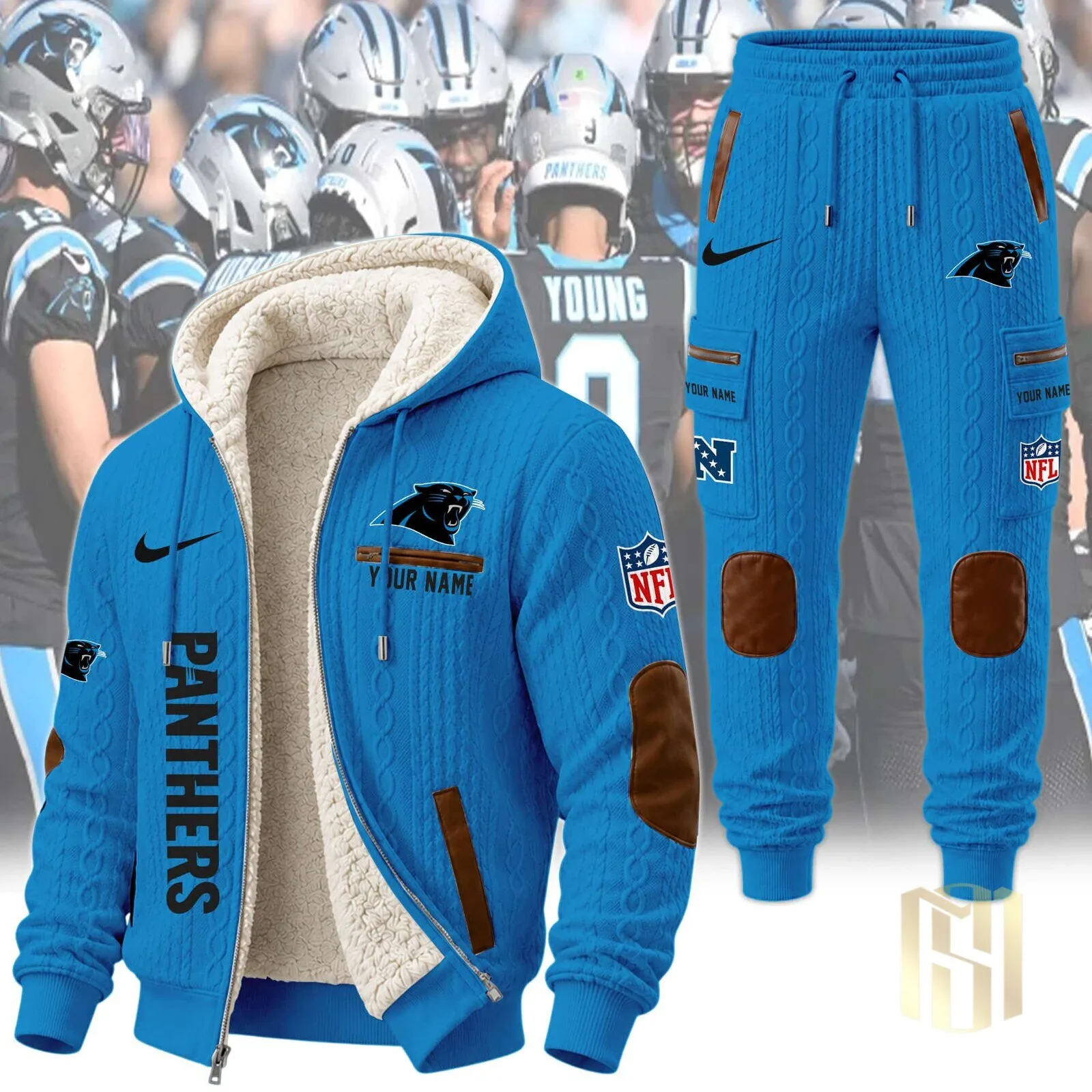 Carolina Panthers NFL Team Logo Personalized Sherpa Lined Hoodie and Jogger Pants Set