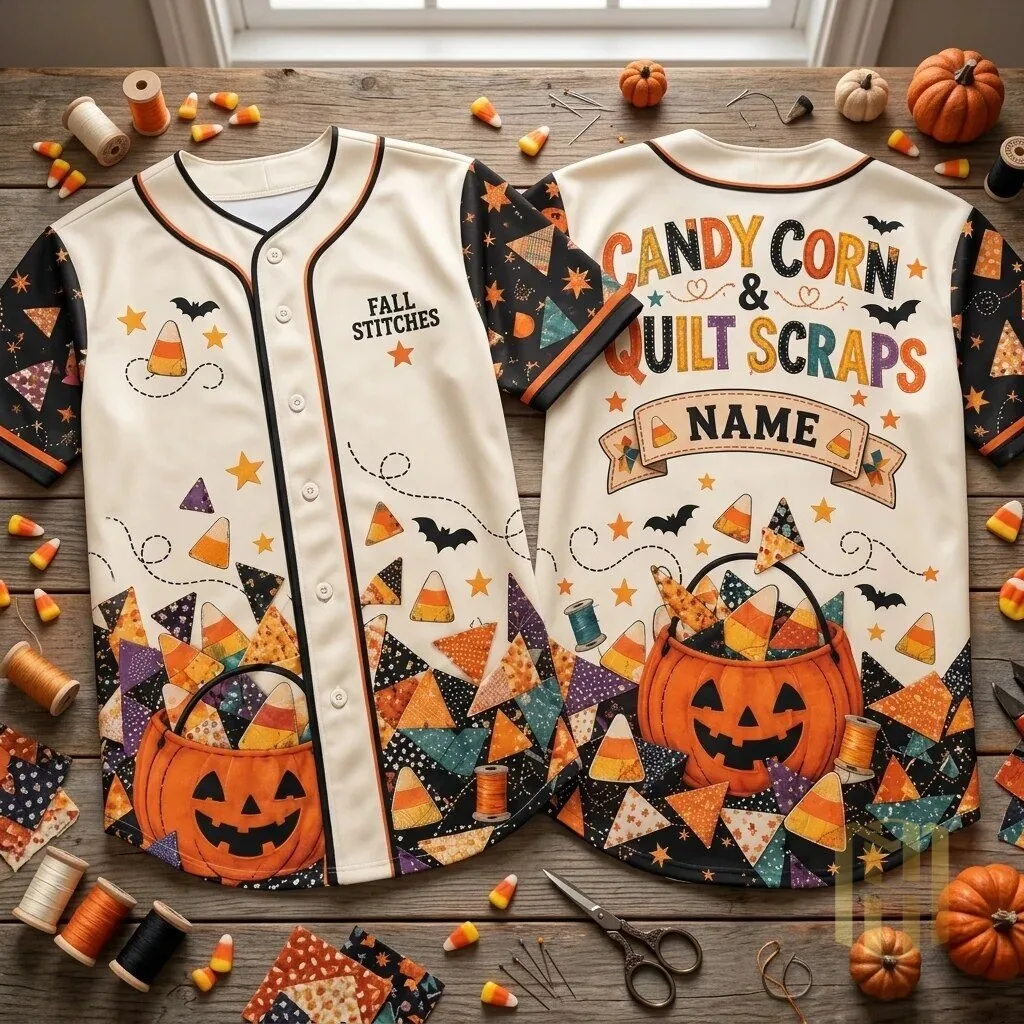 Halloween Candy Corn and Quilt Scraps Baseball Jersey