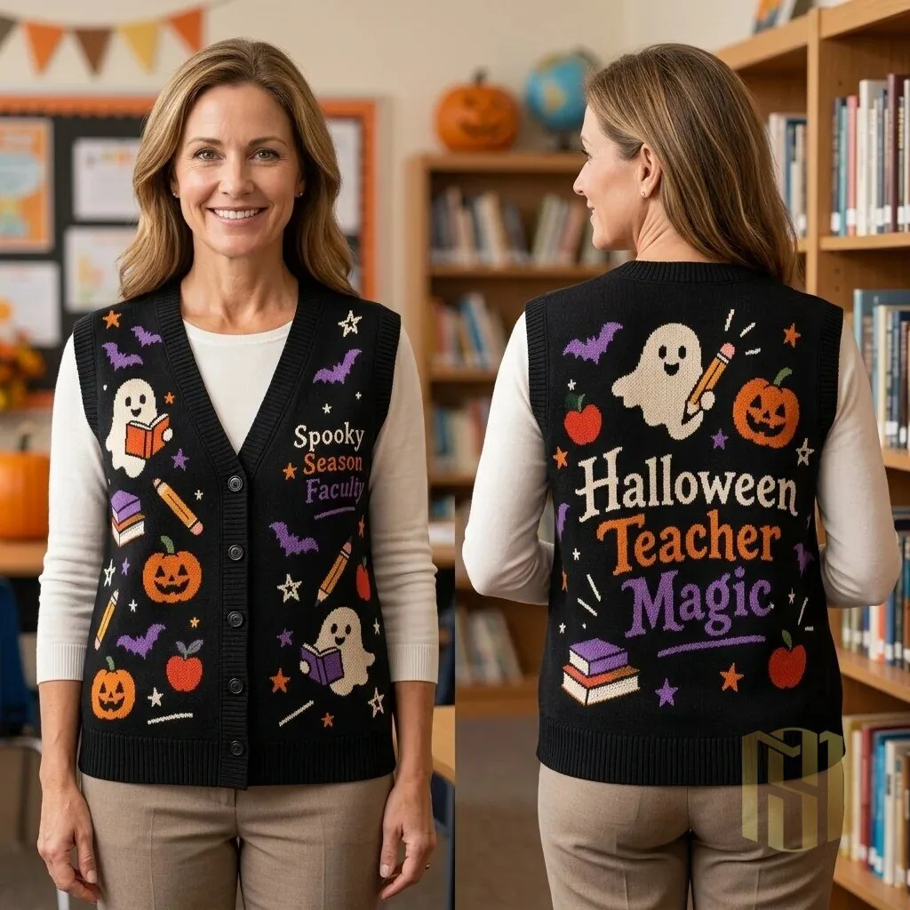 Halloween Teacher Magic Spooky Season Faculty Black Knit Vest