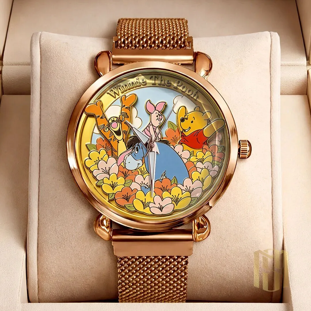 Winnie The Pooh Characters Gold Mesh Strap Quartz Watch
