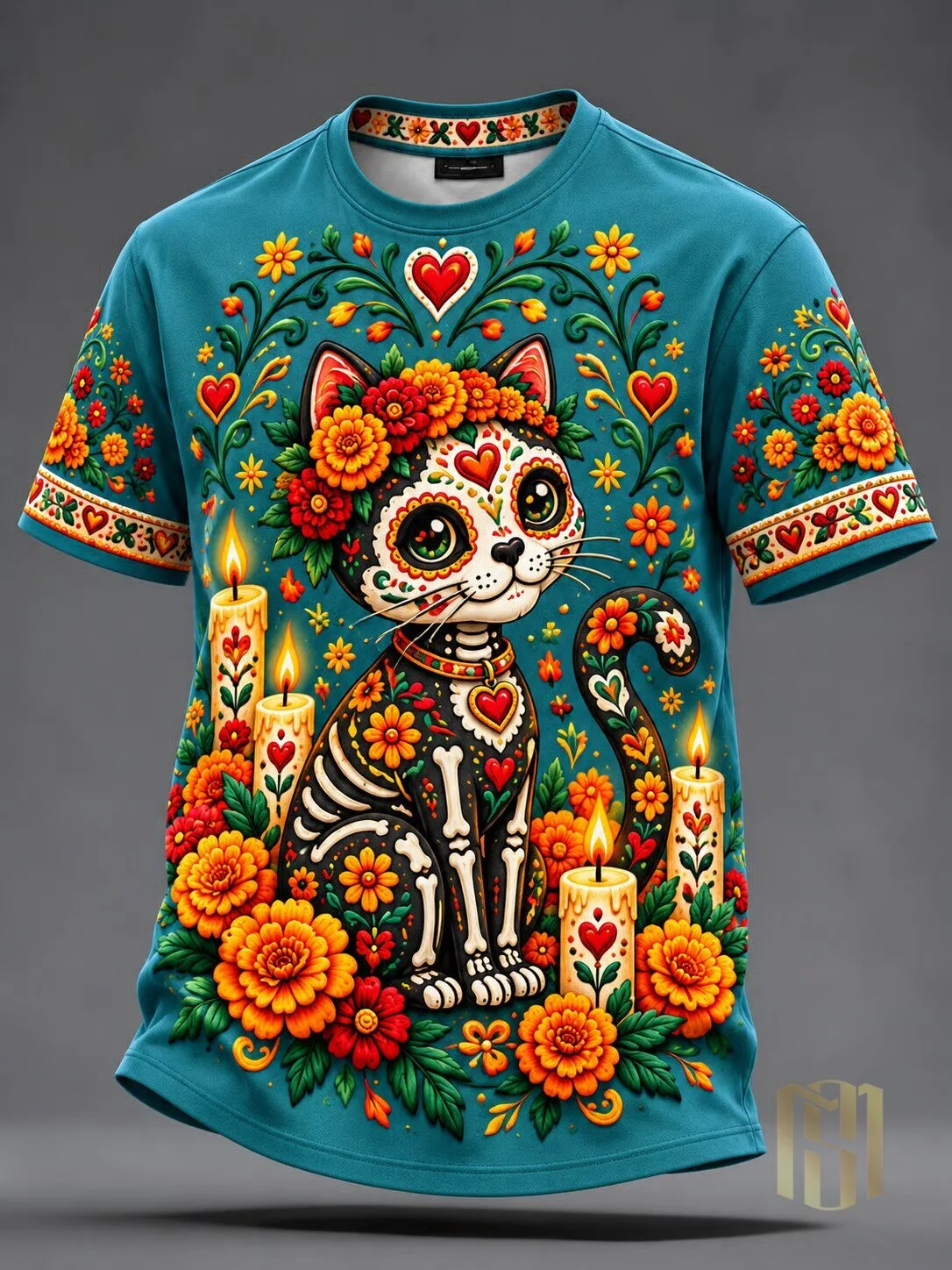 Day of the Dead Sugar Skull Cat Floral Design Short Sleeve T-Shirt