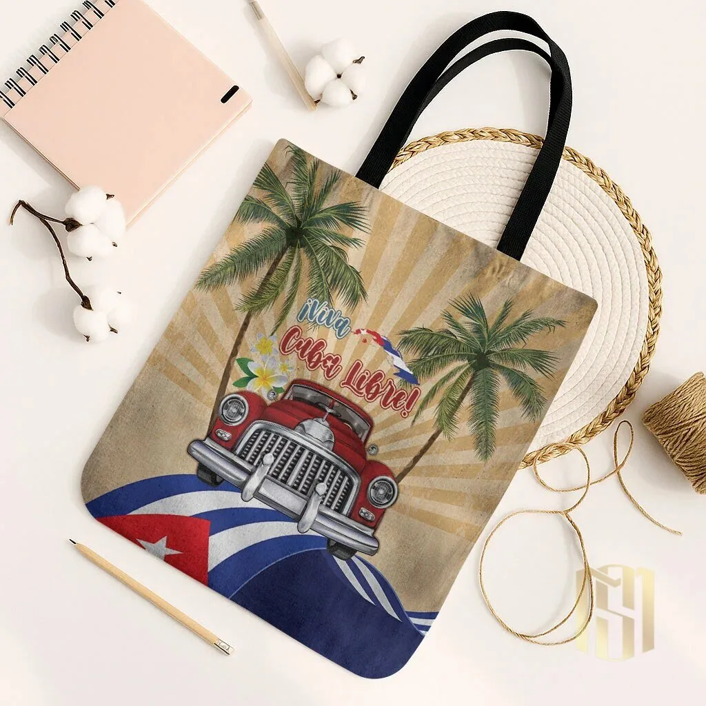 Viva Cuba Libre Cuban Flag Retro Car Tropical Palm Trees Tote Bag