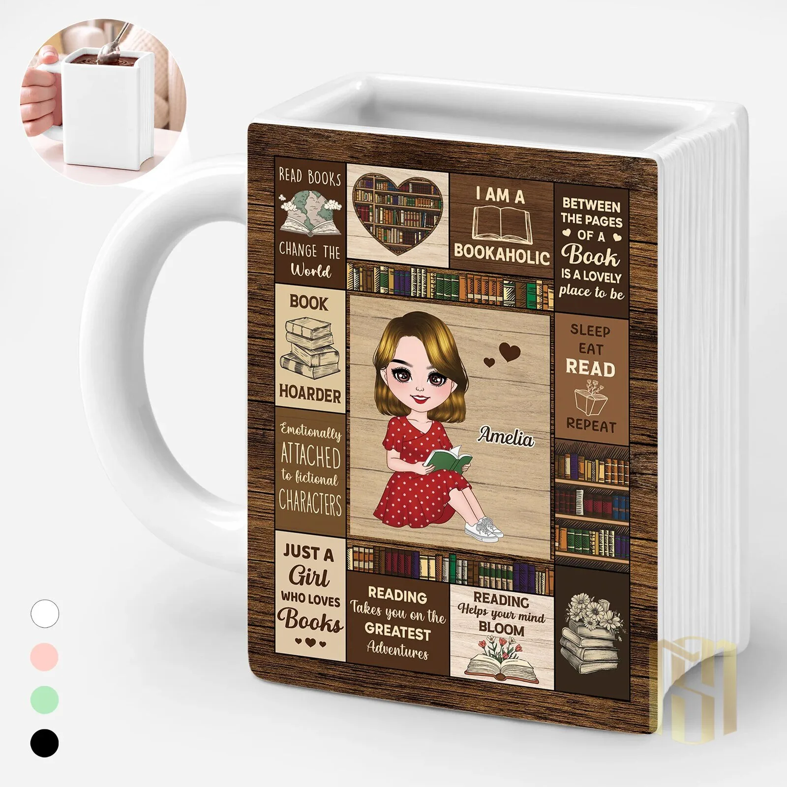 Book Lover Girl Personalized Mug, Bookaholic Reading Books Coffee Cup Gift