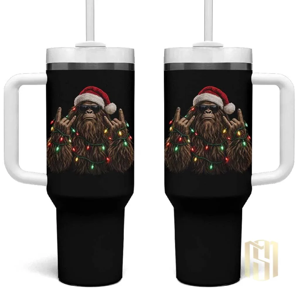 Christmas Bigfoot Rock and Roll Tumbler with Handle, Sasquatch Santa Hat Sunglasses