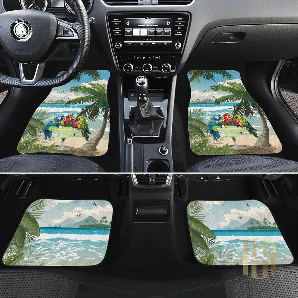 Tropical Parrot Martini Christmas Car Mats with Palm Trees and Ocean Beach Scene