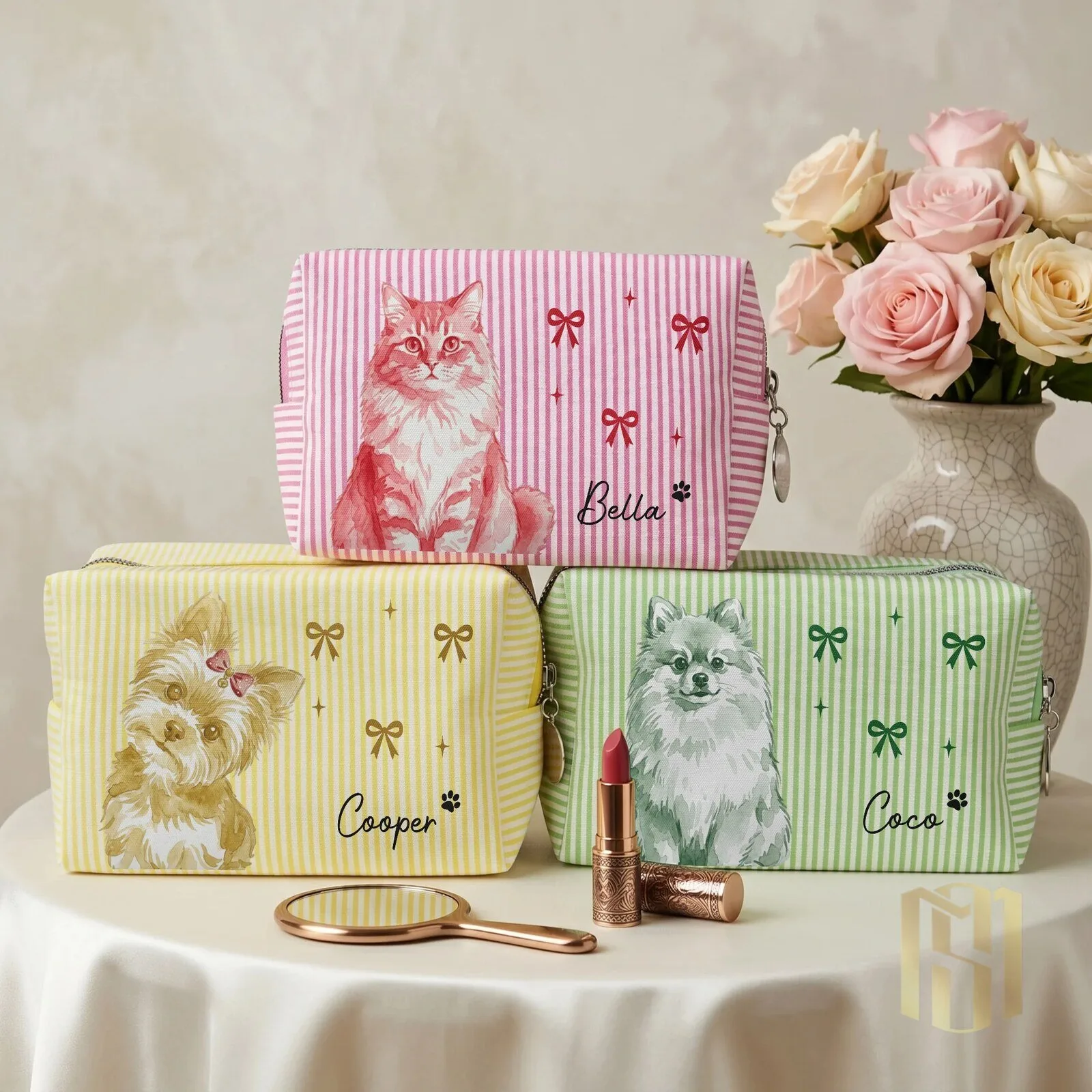 Personalized Pet Portrait Watercolor Coquette Bow Striped Makeup Bag
