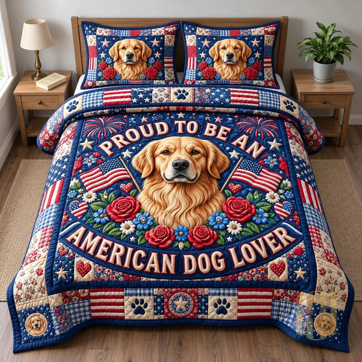 Golden Retriever Patriotic American Dog Lover Quilted Bedding Set