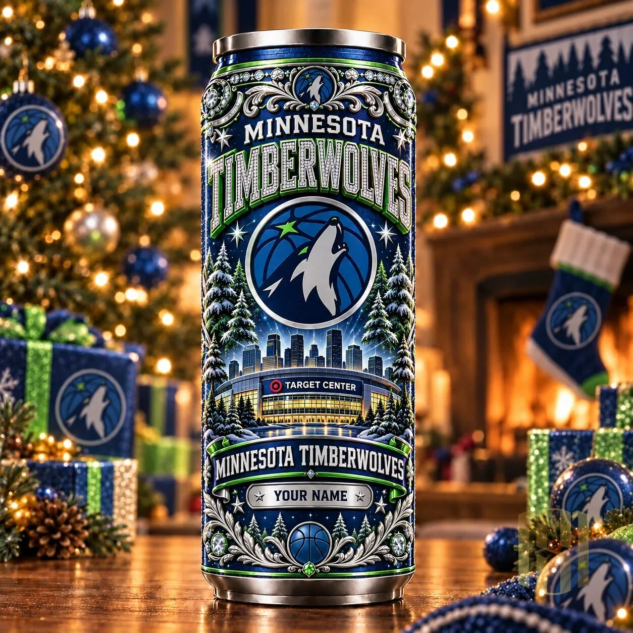 Minnesota Timberwolves Personalized Name Christmas Holiday Can Tumbler