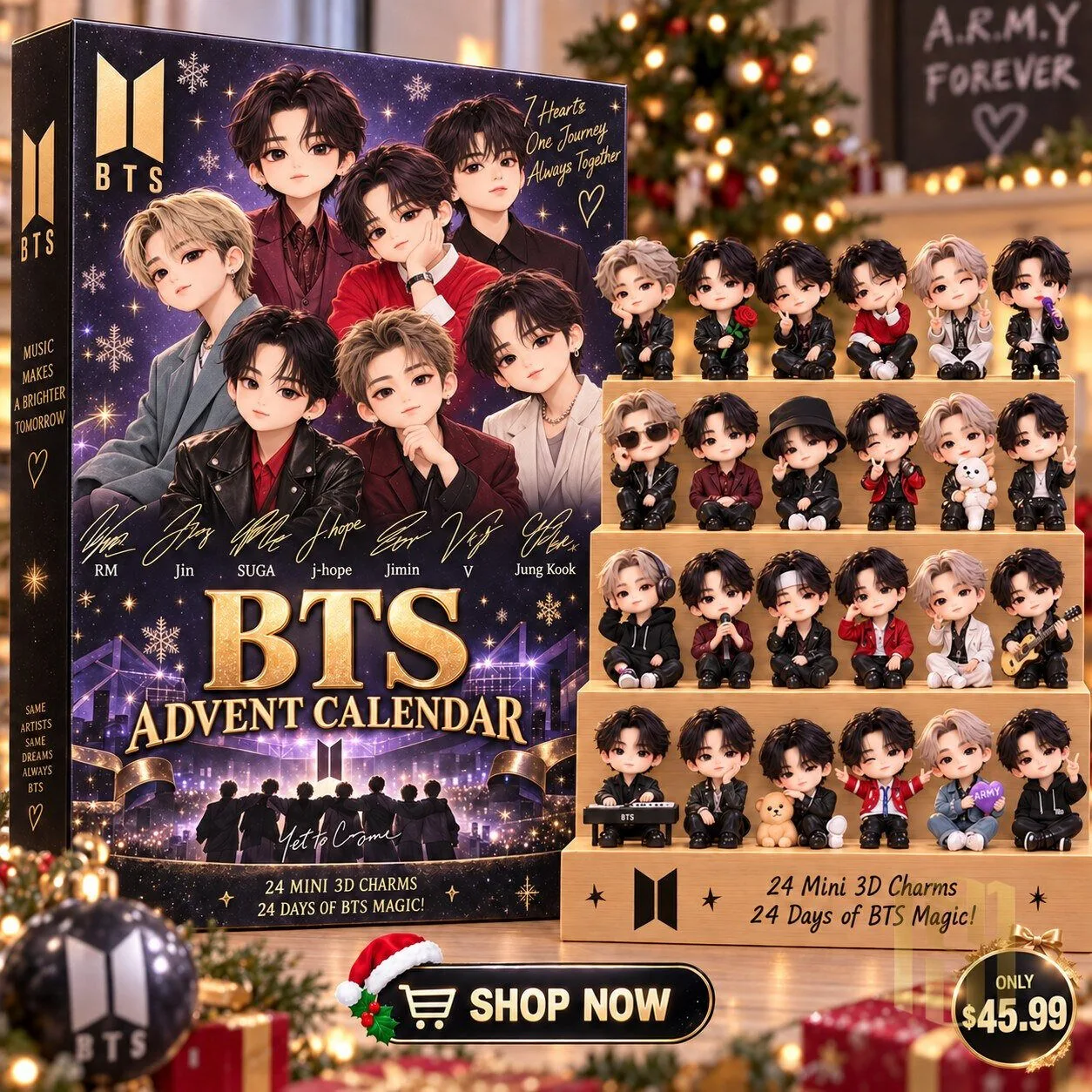 BTS K-Pop Band Christmas Advent Calendar with 24 Mini 3D Charms 2D