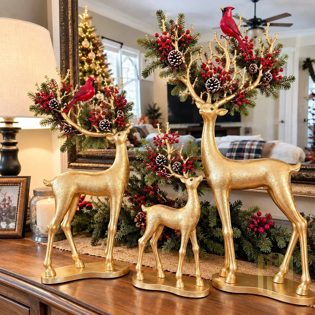 Golden Christmas Reindeer Family with Cardinal and Pinecone Antlers Figurine Set