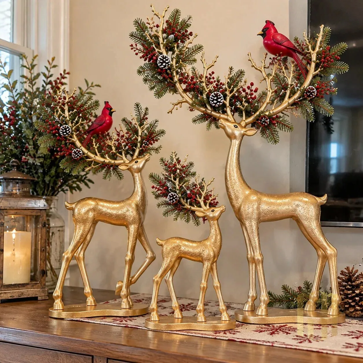Golden Christmas Reindeer Family with Cardinal and Pinecone Antlers Figurine Set 14 Golden Christmas Reindeer Family with Cardinal and Pinecone Antlers Figurine Set