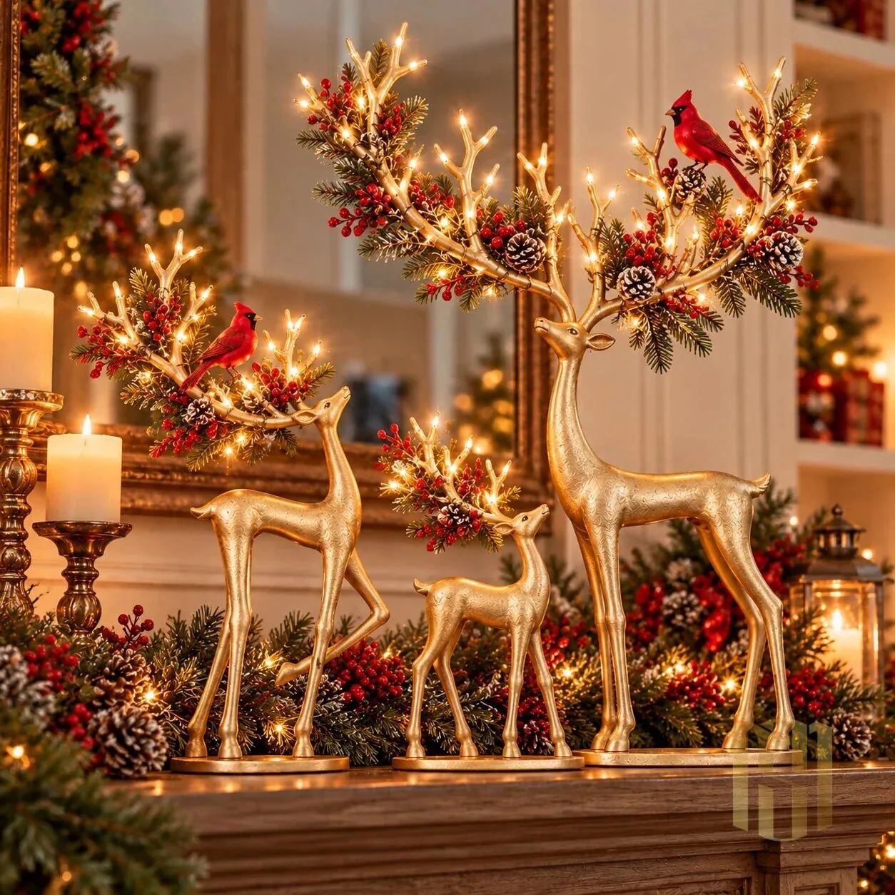 Golden Christmas Reindeer Family with Cardinal and Pinecone Antlers Figurine Set 15 Golden Christmas Reindeer Family with Cardinal and Pinecone Antlers Figurine Set