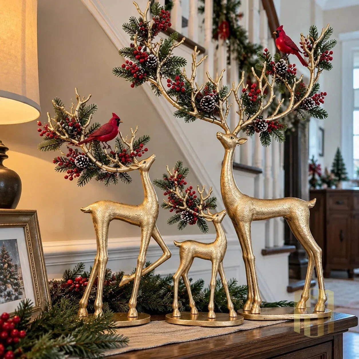 Golden Christmas Reindeer Family with Cardinal and Pinecone Antlers Figurine Set 16 Golden Christmas Reindeer Family with Cardinal and Pinecone Antlers Figurine Set