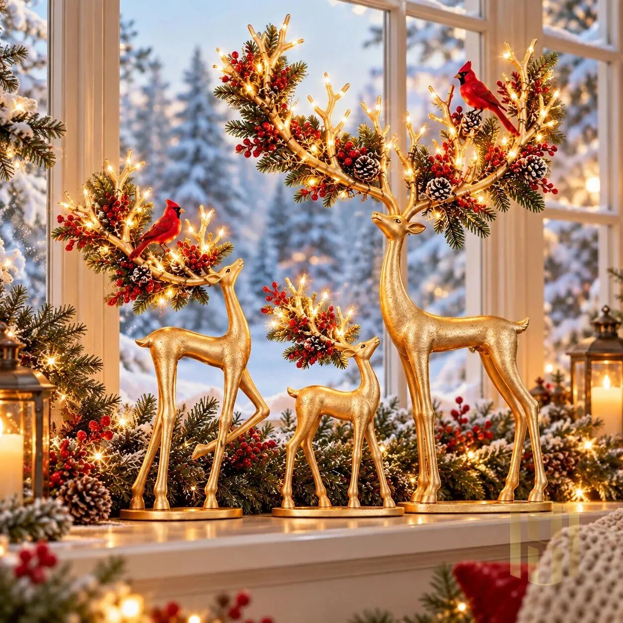 Golden Christmas Reindeer Family with Cardinal and Pinecone Antlers Figurine Set 17 Golden Christmas Reindeer Family with Cardinal and Pinecone Antlers Figurine Set