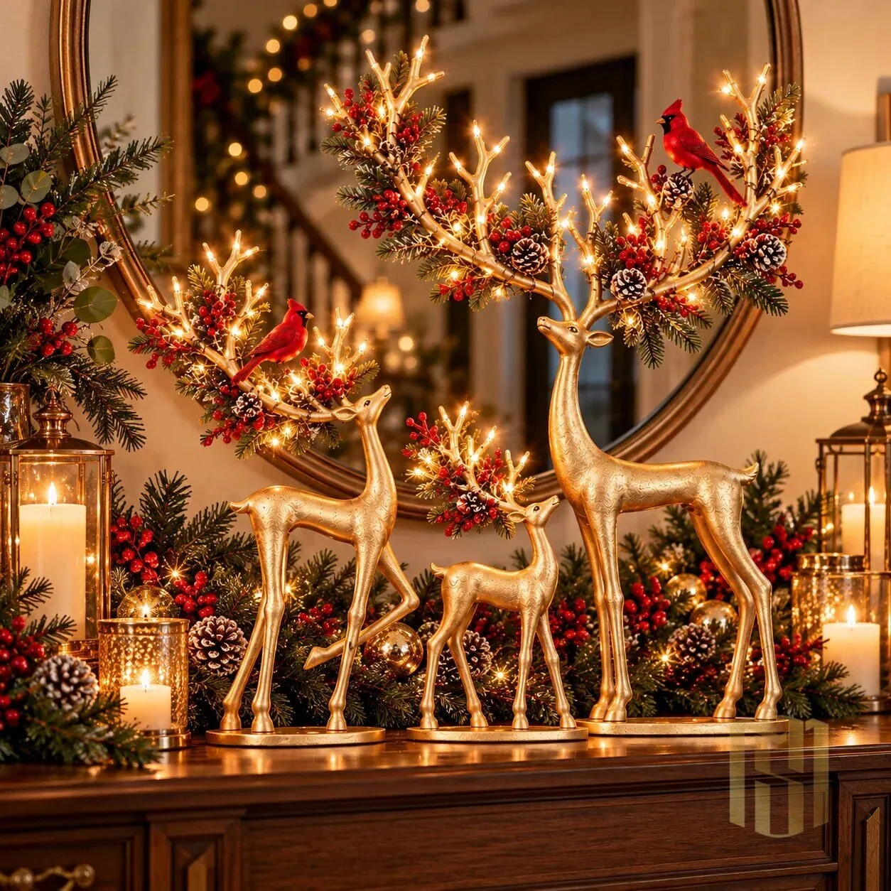 Golden Christmas Reindeer Family with Cardinal and Pinecone Antlers Figurine Set 18 Golden Christmas Reindeer Family with Cardinal and Pinecone Antlers Figurine Set