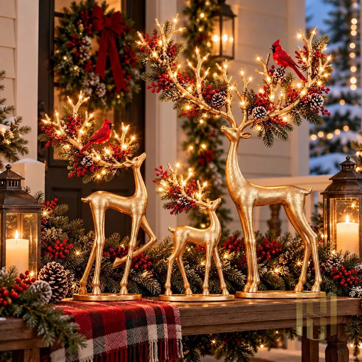 Golden Christmas Reindeer Family with Cardinal and Pinecone Antlers Figurine Set 19 Golden Christmas Reindeer Family with Cardinal and Pinecone Antlers Figurine Set