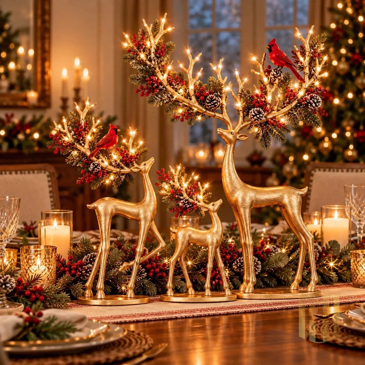 Golden Christmas Reindeer Family with Cardinal and Pinecone Antlers Figurine Set 20 Golden Christmas Reindeer Family with Cardinal and Pinecone Antlers Figurine Set