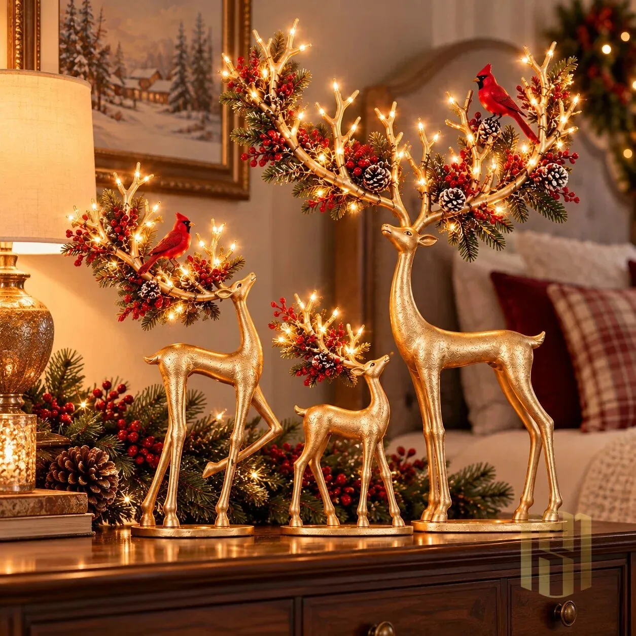 Golden Christmas Reindeer Family with Cardinal and Pinecone Antlers Figurine Set 21 Golden Christmas Reindeer Family with Cardinal and Pinecone Antlers Figurine Set