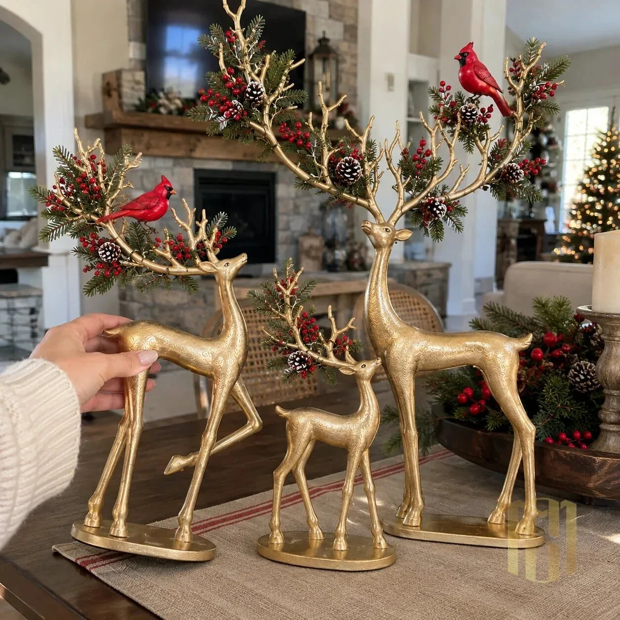 Golden Christmas Reindeer Family with Cardinal and Pinecone Antlers Figurine Set 22 Golden Christmas Reindeer Family with Cardinal and Pinecone Antlers Figurine Set