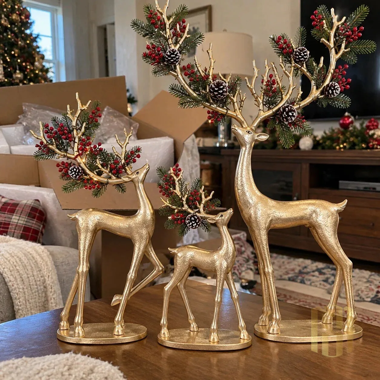 Golden Christmas Reindeer Family with Cardinal and Pinecone Antlers Figurine Set 23 Golden Christmas Reindeer Family with Cardinal and Pinecone Antlers Figurine Set