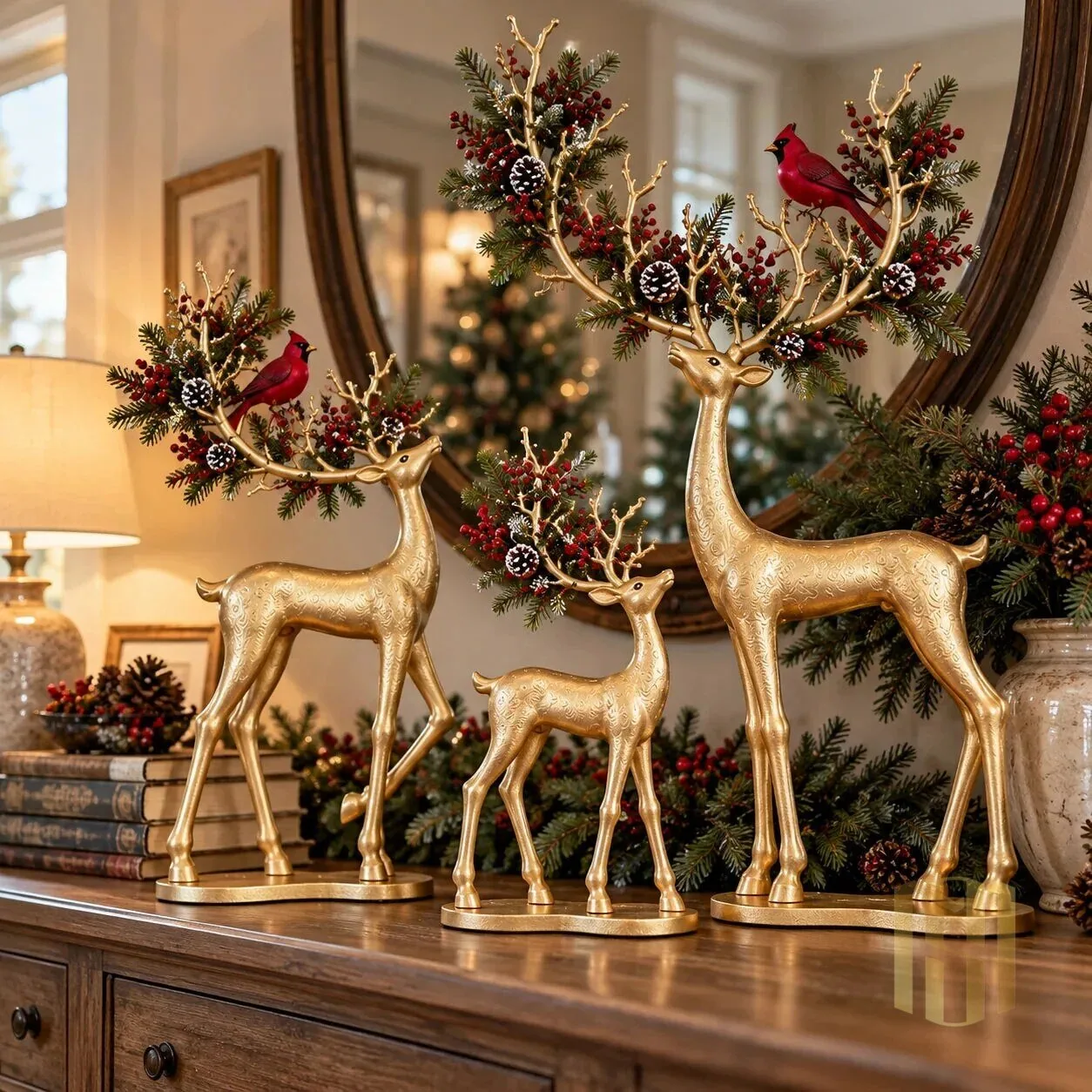 Golden Christmas Reindeer Family with Cardinal and Pinecone Antlers Figurine Set 24 Golden Christmas Reindeer Family with Cardinal and Pinecone Antlers Figurine Set