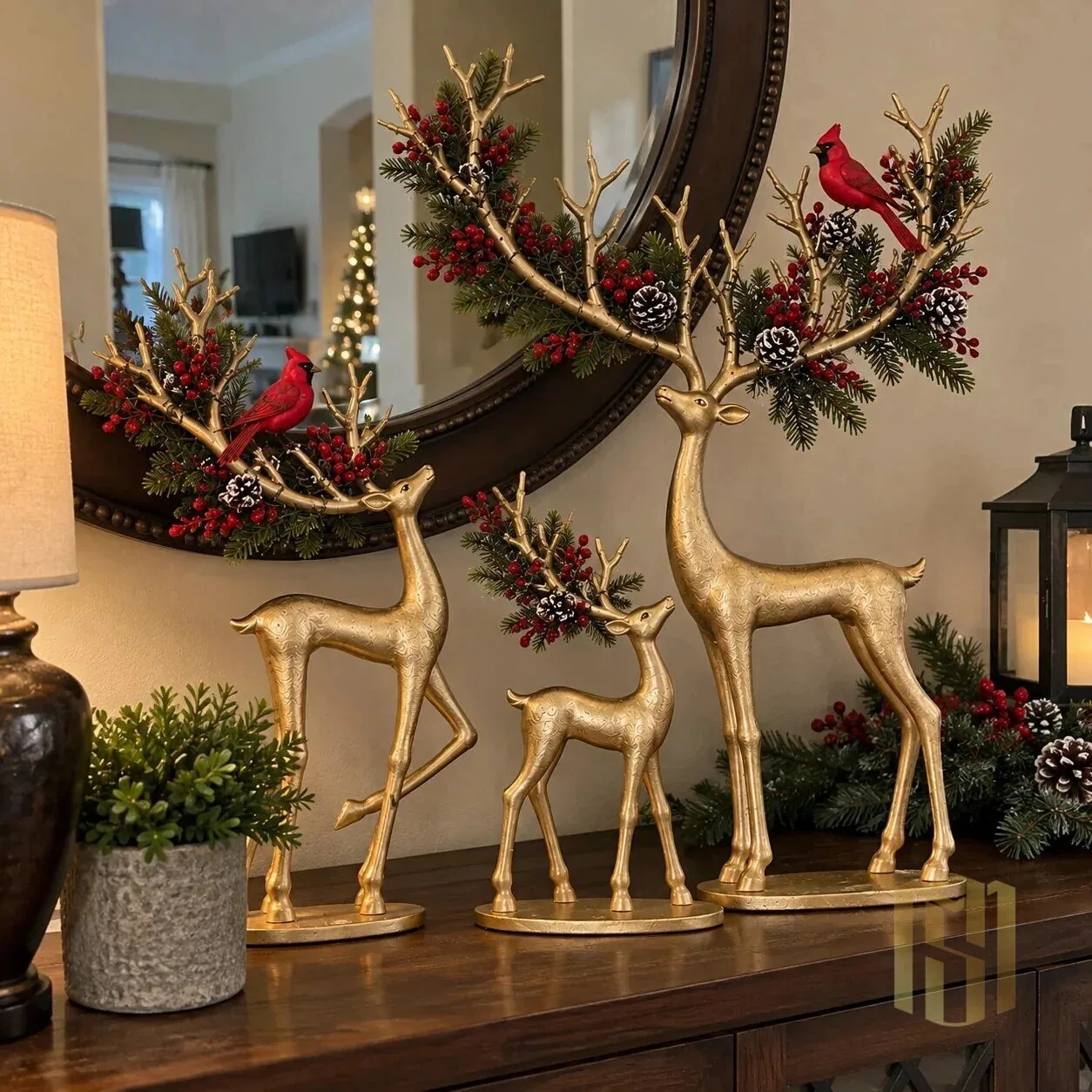 Golden Christmas Reindeer Family with Cardinal and Pinecone Antlers Figurine Set 25 Golden Christmas Reindeer Family with Cardinal and Pinecone Antlers Figurine Set
