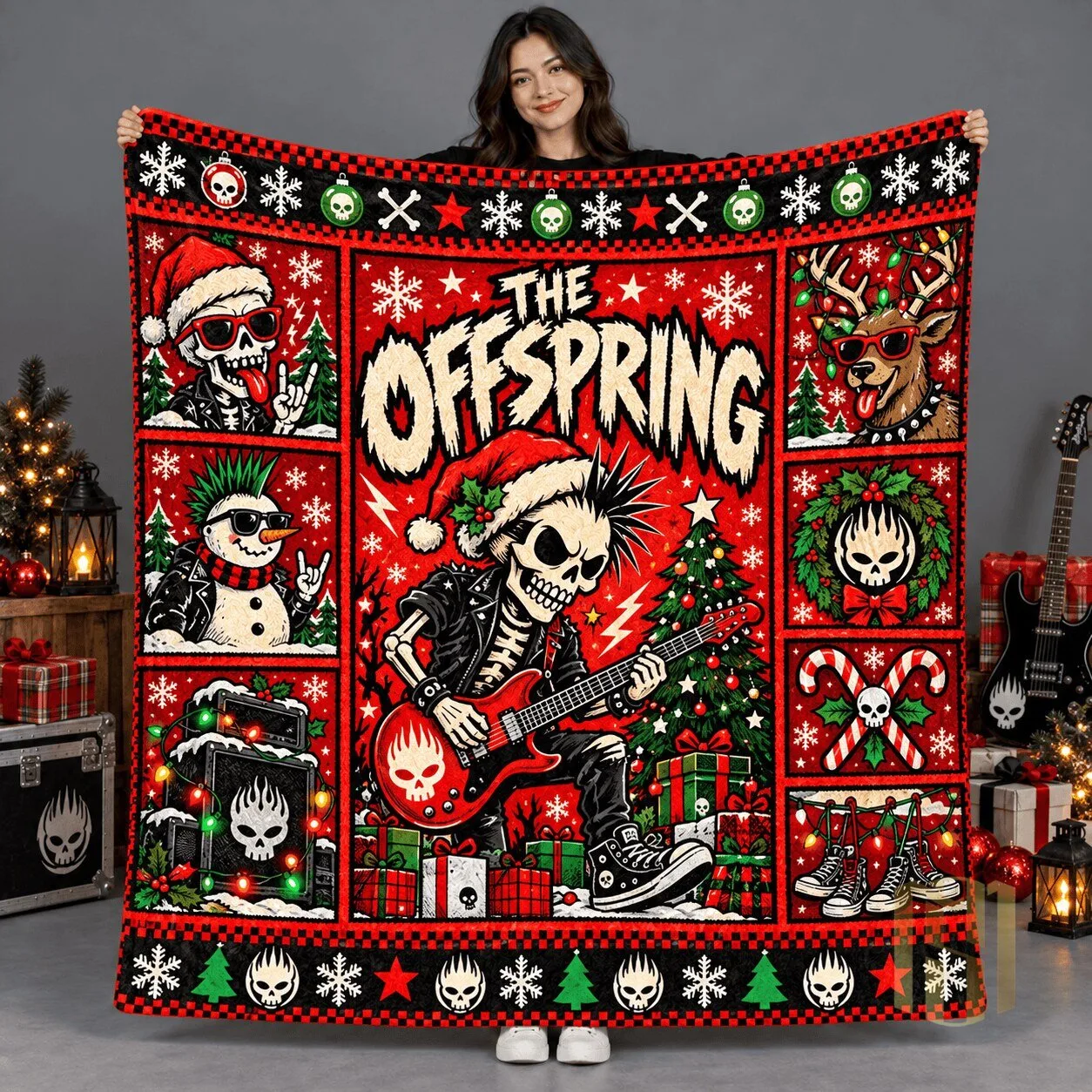 The Offspring Christmas Skeleton Guitarist Punk Rock Band Fleece Blanket
