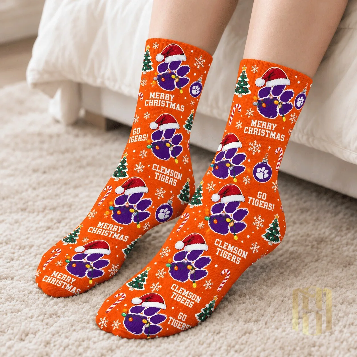 Clemson Tigers Christmas Holiday Paw Print Orange Crew Socks 1 Clemson Tigers Christmas Holiday Paw Print Orange Crew Socks