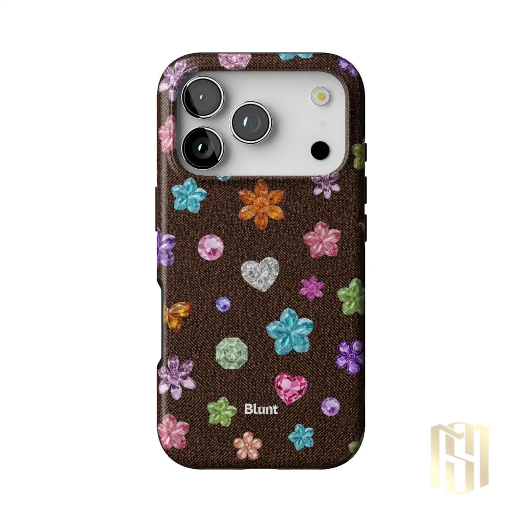 Brownie Gems Pattern iPhone Case with Colorful Crystal Flowers and Hearts Brownie Gems Pattern iPhone Case with Colorful Crystal Flowers and Hearts