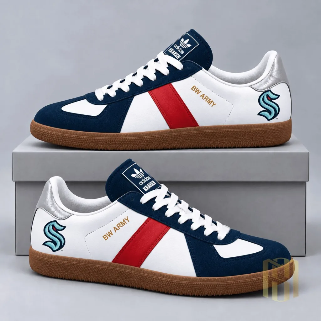Seattle Kraken National Hockey League Team Logo White and Blue Athletic Shoes Seattle Kraken National Hockey League Team Logo White and Blue Athletic Shoes