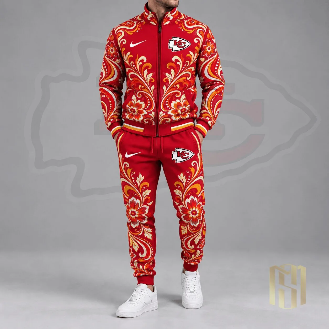 Kansas City Chiefs Floral Paisley Full Zip Jacket and Jogger Pants Tracksuit