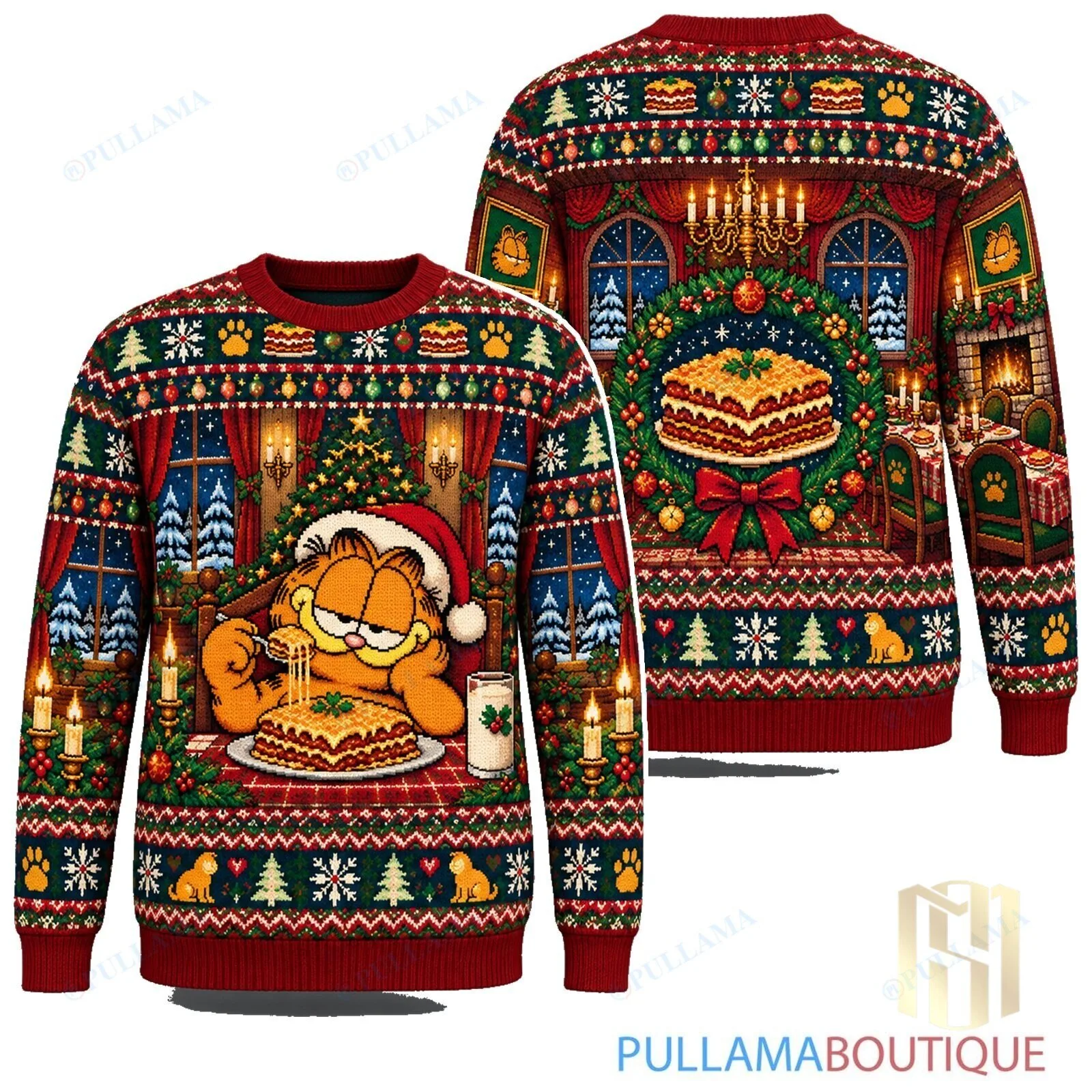 Garfield Cozy Lasagna Fireplace Ugly Christmas Sweater