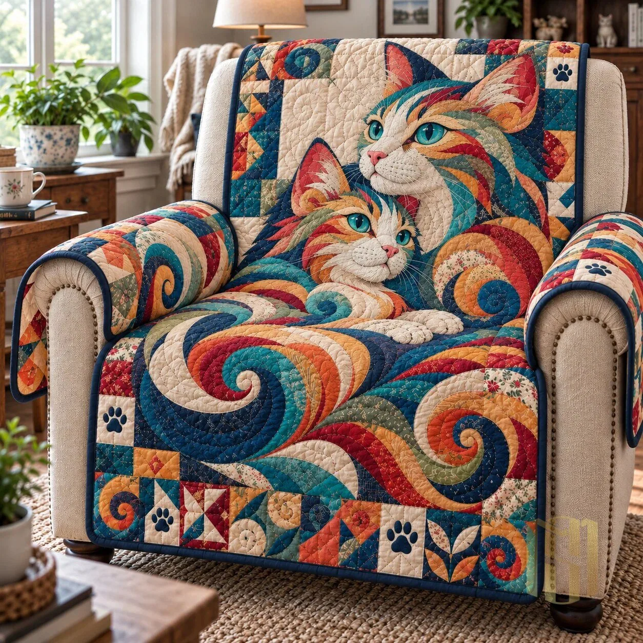 Colorful Quilted Cats Sofa Cover with Paw Prints and Geometric Patterns 9 Colorful Quilted Cats Sofa Cover with Paw Prints and Geometric Patterns